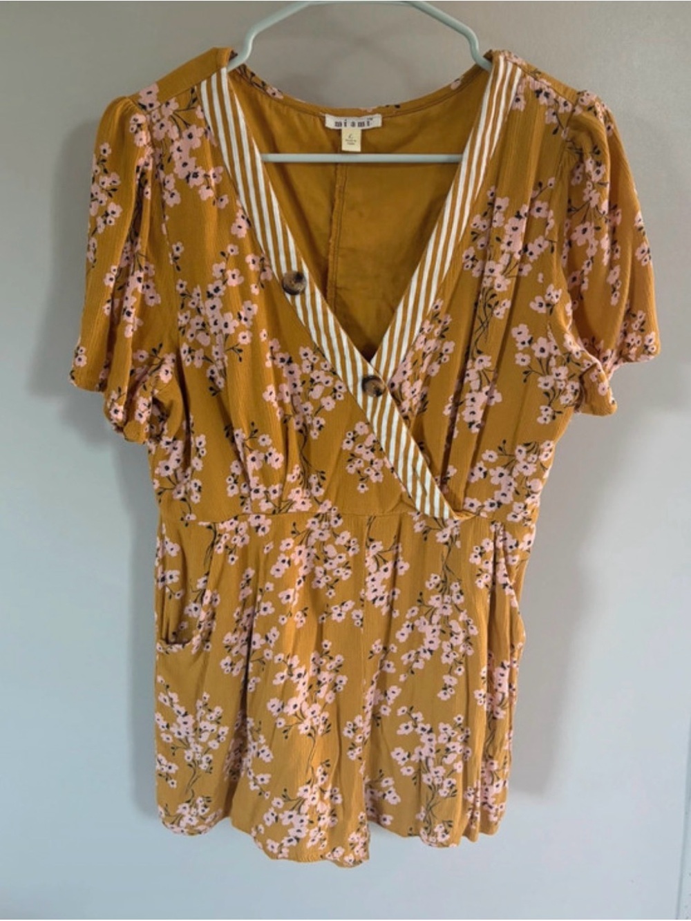 miami Mustard Floral Wrap-Style romper with Pink Blossoms